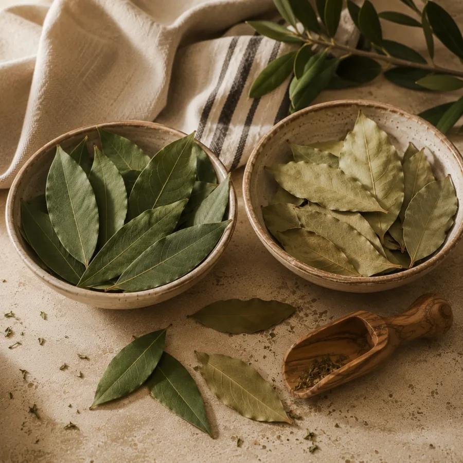 Comparison of fresh and dried bay leaves displayed in handcrafted ceramic bowls on a warm limestone surface with an olive wood scoop, natural linen, and subtle olive branches in a refined editorial composition.