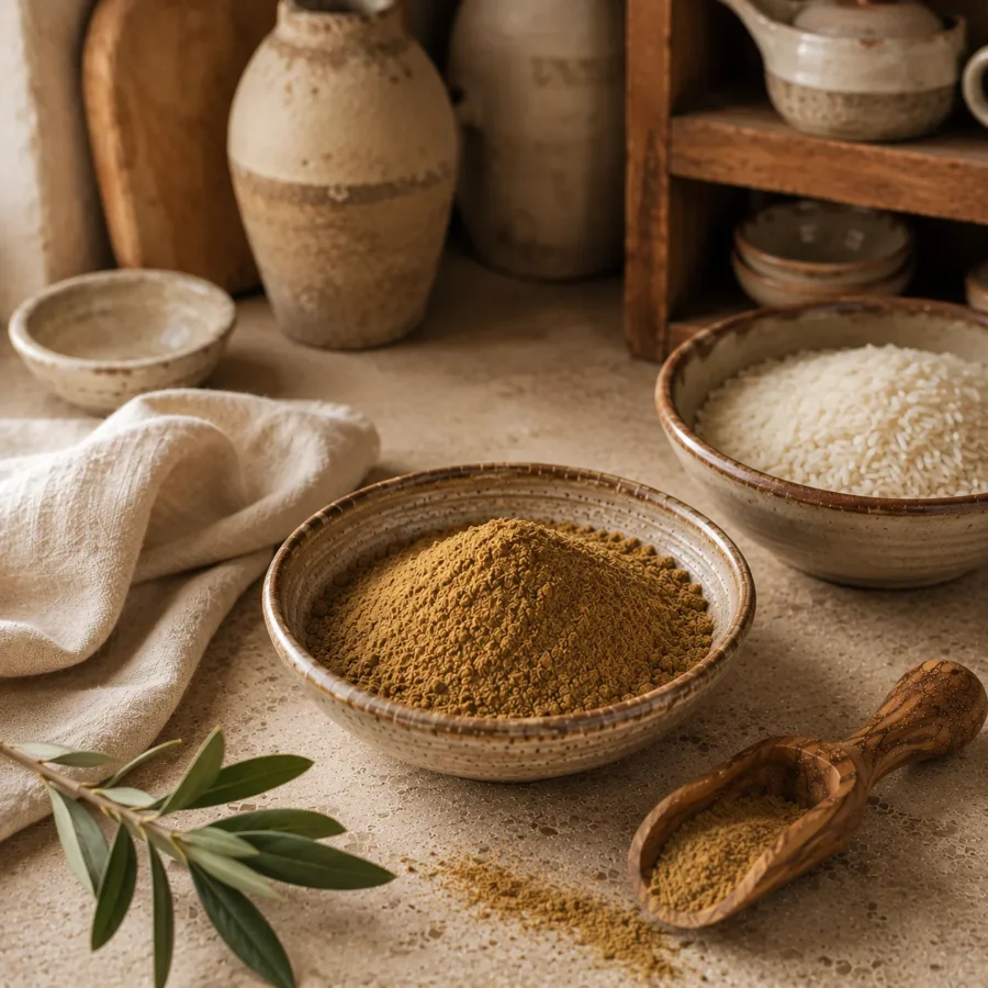 Ultra-fine ground coriander in a handcrafted ceramic bowl beside uncooked rice, an olive wood scoop, and folded natural linen with handcrafted ceramic kitchenware in a refined Levantine pantry.