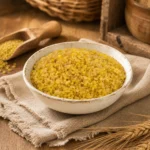 Premium Coarse Bulgur Wheat in an aged white ceramic bowl within an authentic Levantine grain pantry setting featuring oak wood textures and natural linen elements.