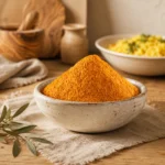 Premium Fine Turmeric Powder 200g presented in a handcrafted ceramic bowl within a refined Levantine kitchen setting with softly blurred olive wood utensils and golden rice.