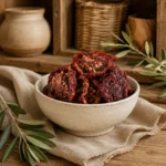 Premium Jordanian sun-dried tomatoes in an aged white ceramic bowl within a rustic Mediterranean pantry setting featuring natural wood textures and soft linen accents.