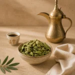 Premium Large Green Cardamom Pods 200g with traditional Arabic coffee