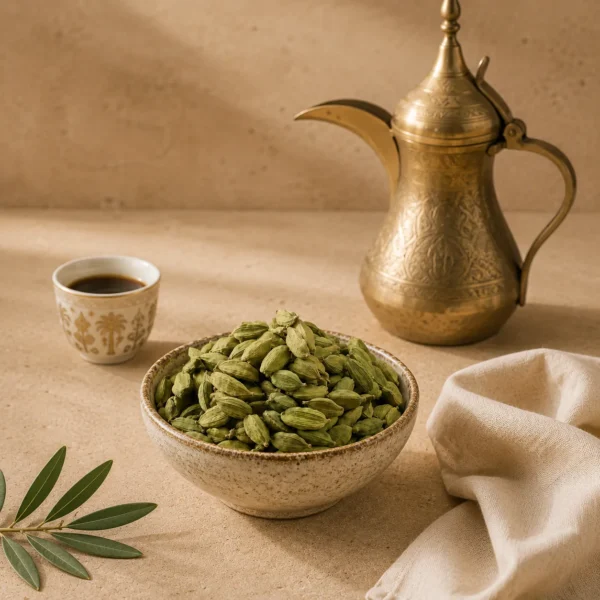 Premium Large Green Cardamom Pods 200g with traditional Arabic coffee