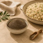 Premium Whole Cumin Seeds 250g beside traditional Levantine rice