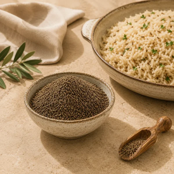 Premium Whole Cumin Seeds 250g beside traditional Levantine rice