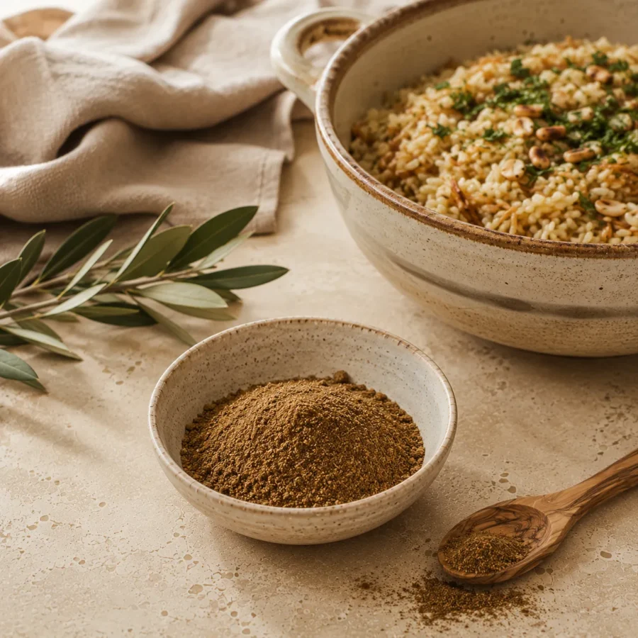 Authentic Levantine seven spice blend in a handcrafted ceramic bowl beside a traditional rice dish, styled with an olive wood spoon, natural linen, and olive branches in a refined editorial setting.