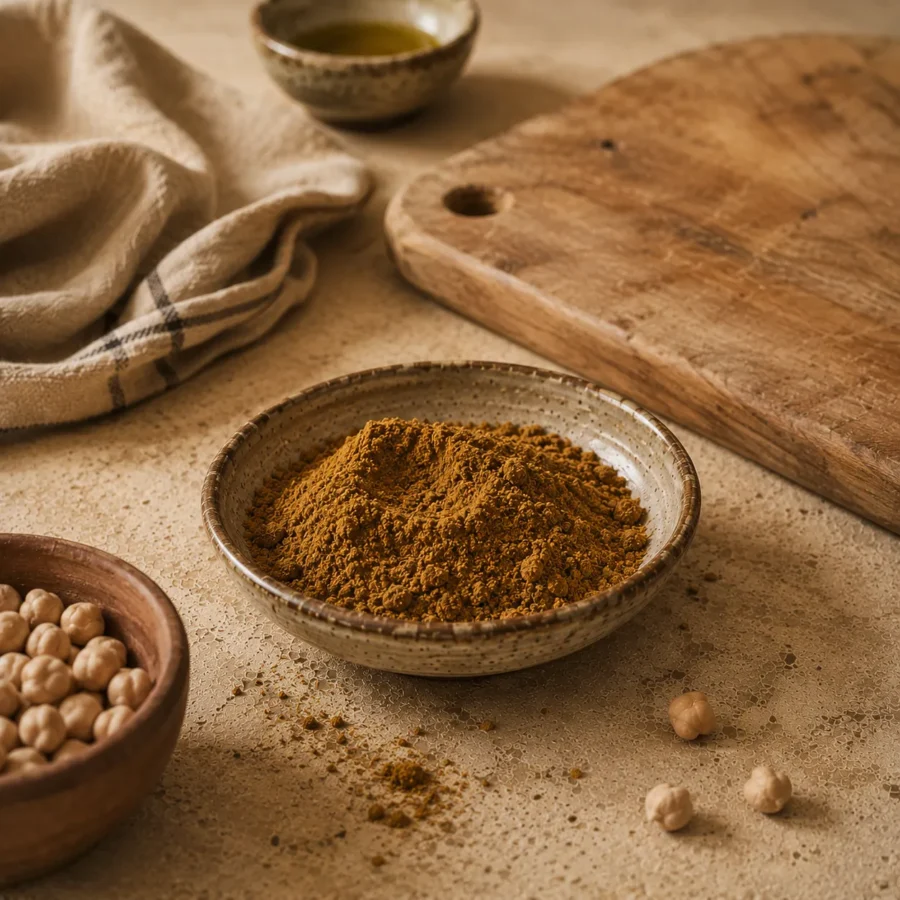 Freshly ground cumin in a handcrafted ceramic bowl beside a well-used olive wood cutting board, folded natural linen, olive oil, and dried chickpeas in a calm traditional Levantine kitchen.