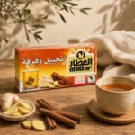 Al Attar Ginger and Cinnamon herbal infusion box beside a ceramic tea cup with cinnamon sticks and fresh ginger on natural oak wood