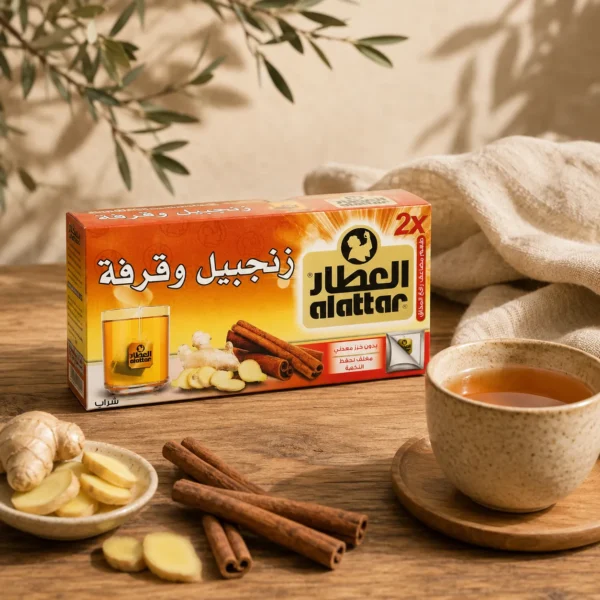 Al Attar Ginger and Cinnamon herbal infusion box beside a ceramic tea cup with cinnamon sticks and fresh ginger on natural oak wood