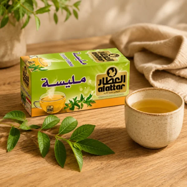 Al Attar Lemon Verbena herbal infusion box beside a ceramic tea cup and fresh lemon verbena leaves on natural oak wood