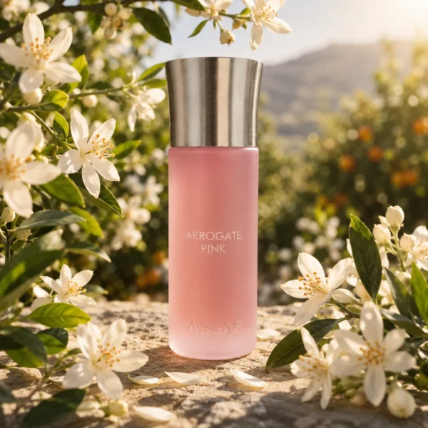 Assaf Arrogate Pink EDP for Women 200ml surrounded by orange blossom and neroli flowers in a Mediterranean garden setting