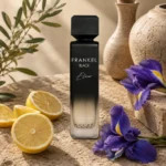 Assaf Frankel Black Elixir EDP for Men 200ml beside lemon slices and iris flowers on natural stone with warm daylight