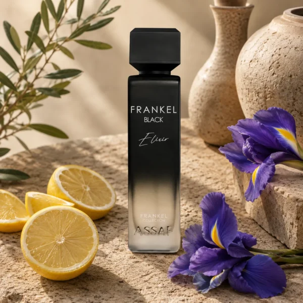 Assaf Frankel Black Elixir EDP for Men 200ml beside lemon slices and iris flowers on natural stone with warm daylight