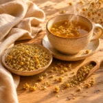 Dried chamomile flowers beside a freshly prepared chamomile infusion in a warm everyday tea ritual setting