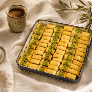 Traditional pistachio baklava fingers served with Arabic coffee in a warm Levantine coffee ritual setting with natural daylight and handcrafted ceramics.
