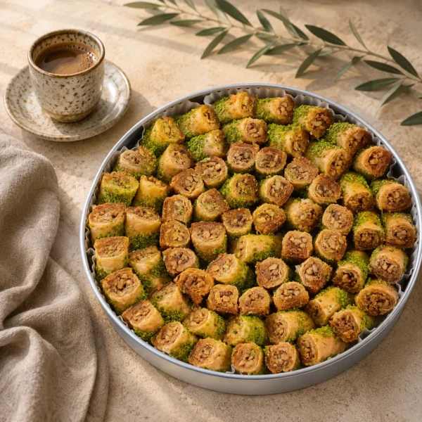 Traditional walnut fingers served with Arabic coffee in a warm Levantine coffee ritual setting with natural daylight and handcrafted ceramics. Traditional walnut fingers served with Arabic coffee in a warm Levantine coffee ritual setting with natural daylight and handcrafted ceramics.