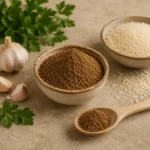 Levantine Seven Spice Blend beside rice, garlic, parsley, and traditional cooking ingredients on a natural stone surface.