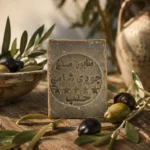 Traditional Aleppo Laurel Soap bar surrounded by olives and laurel leaves on aged olive wood with authentic Levantine craftsmanship
