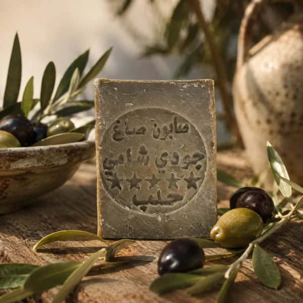 Traditional Aleppo Laurel Soap bar surrounded by olives and laurel leaves on aged olive wood with authentic Levantine craftsmanship