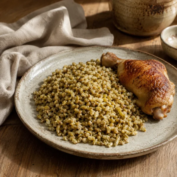 Traditional cooked freekeh served with roasted chicken in an authentic Levant-inspired dining scene