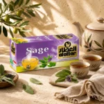 Al Attar Sage Tea featured with a traditional ceramic teapot, tea cups, fresh sage leaves, and natural linen textures inspired by authentic Levantine hospitality.