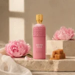 Assaf Delina Erik Eau de Parfum with peony blossoms and subtle caramel accents in a refined editorial setting with travertine textures.