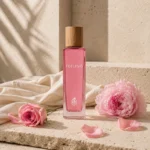 Assaf Feeling Eau de Parfum for Women bottle with Turkish rose petals and peony blossoms on layered travertine surfaces in an elegant editorial setting.
