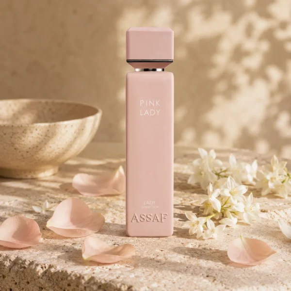 ASSAF Pink Lady Eau de Parfum bottle with soft blush flower petals and delicate white blossoms in a refined floral setting