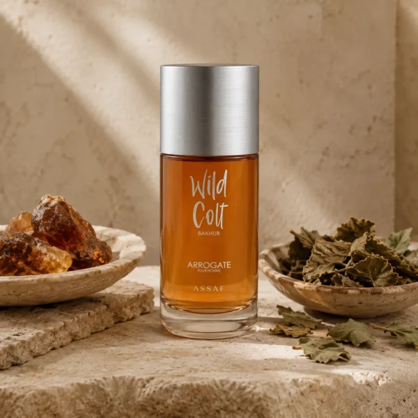 ASSAF Wild Colt Bakhur Eau de Parfum 150ml beside amber resin and patchouli-inspired elements in a warm earthy fragrance composition