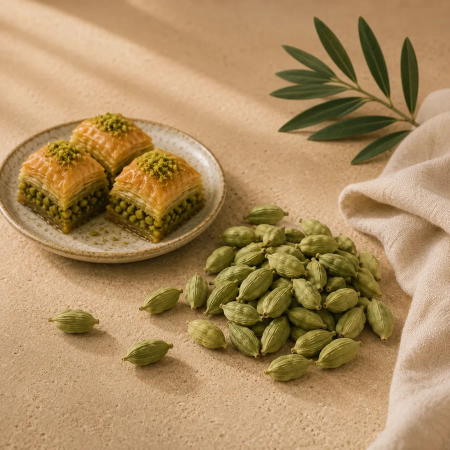 Premium Green Cardamom Pods with Traditional Levantine Desserts
