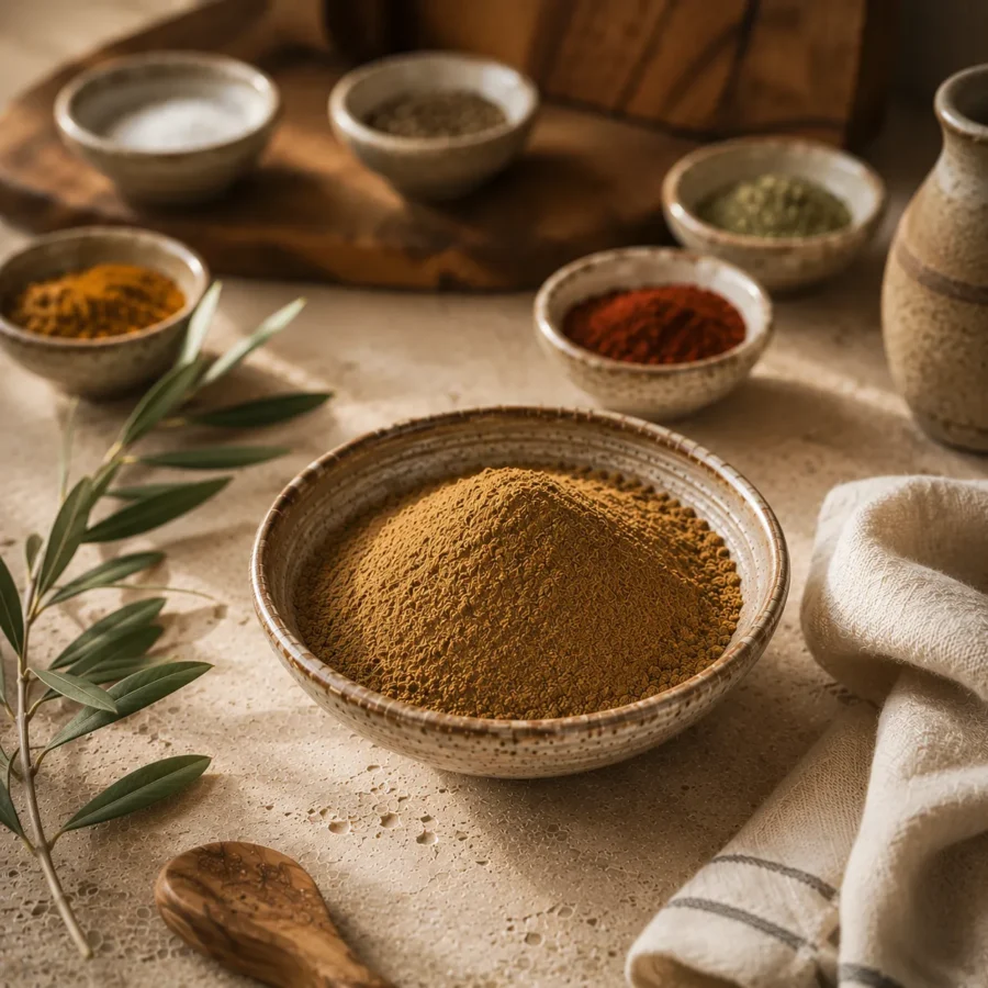 Ultra-fine ground coriander in a handcrafted ceramic bowl surrounded by softly blurred ceramic spice bowls, olive wood details, and natural linen on a warm limestone surface in a premium Levantine kitchen.