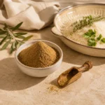 Finely ground coriander powder in a handcrafted ceramic bowl beside uncooked rice, natural herbs, and an olive wood scoop on a warm limestone surface with elegant editorial styling.