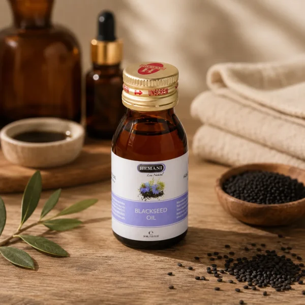 Hemani Black Seed Oil 30ml bottle in a self-care ritual setting with black seeds, natural wooden textures, amber accessories, and warm daylight.