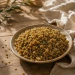 Traditional Palestinian cooked freekeh served in a handcrafted ceramic plate with rustic styling and authentic Levantine home-cooked character