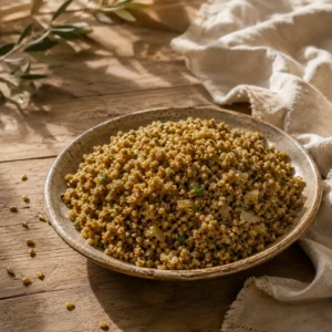 Traditional Palestinian cooked freekeh served in a handcrafted ceramic plate with rustic styling and authentic Levantine home-cooked character
