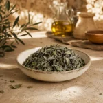 Premium Baladi Thyme Leaves 250g showcased in a refined Levantine culinary preparation setting, with the original thyme bowl preserved unchanged, rustic kitchen textures, olive oil elements, and warm natural daylight.