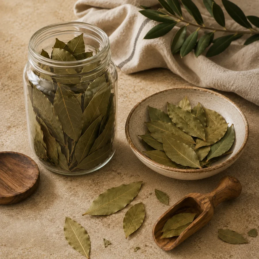 Premium dried bay leaves stored in an unlabeled glass jar beside a handcrafted ceramic bowl with loose bay leaves, an olive wood scoop, and natural linen on a warm limestone surface.