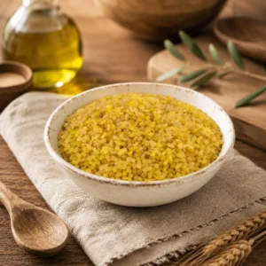 Premium Coarse Bulgur Wheat in an aged white ceramic bowl surrounded by traditional Levantine cooking elements with warm natural daylight and rustic culinary character.