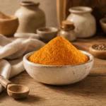 Premium Fine Turmeric Powder 200g in an aged ceramic bowl surrounded by natural oak textures, linen fabric, and traditional spice preparation elements.