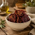 Premium Jordanian sun-dried tomatoes in an aged white ceramic bowl styled in a traditional Levantine kitchen preparation atmosphere with warm natural light.