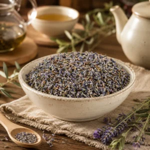 Premium Lavender Flowers in a handcrafted ceramic bowl surrounded by a refined herbal tea preparation atmosphere with natural textures, ceramic teaware and warm daylight.