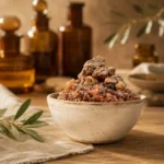 Premium Mar Mecca resin in a ceramic bowl with amber glass perfume bottles, natural linen textures, and warm wooden elements.