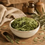 Premium Senna Leaves Herbal Infusion 250g displayed in a handcrafted ceramic bowl with natural linen, wooden preparation tools, and scattered senna leaves, capturing an authentic botanical preparation setting.