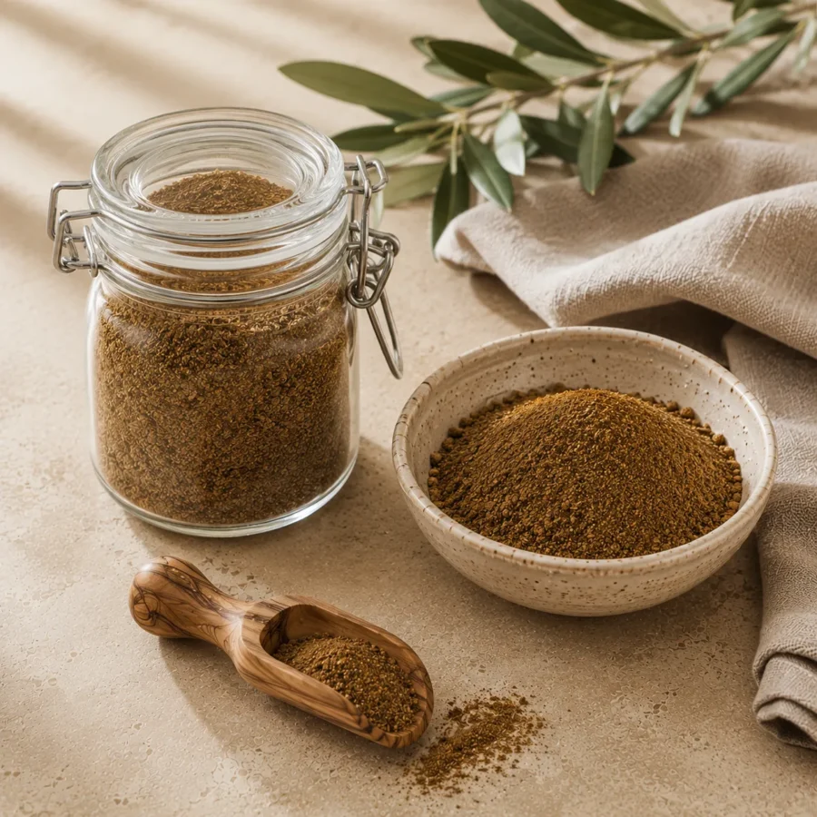 Authentic Levantine seven spice blend stored in an airtight glass jar beside a handcrafted ceramic bowl with an olive wood scoop, natural linen, and olive branches on a warm limestone surface.