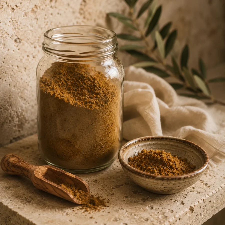 Freshly ground cumin stored in a clear glass spice jar beside a handcrafted ceramic bowl with an olive wood scoop and folded natural linen on a warm limestone shelf in a premium editorial pantry setting.