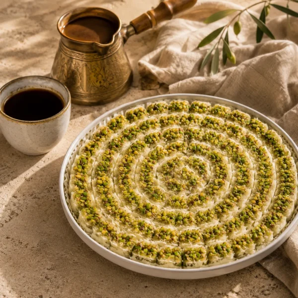 White Ballorieh with Pistachios served alongside Arabic coffee in a traditional Levantine dessert presentation with handcrafted tableware.