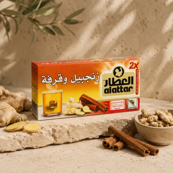 Al Attar Ginger and Cinnamon herbal infusion box with fresh ginger root, dried ginger pieces, and cinnamon sticks in a botanical setting