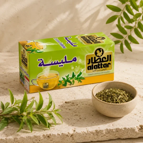 Al Attar Lemon Verbena herbal infusion box with fresh and dried lemon verbena leaves in a refined botanical setting