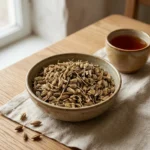 Whole Jordanian anise seeds presented in a handcrafted ceramic bowl beside a warm anise infusion in a traditional Levant hospitality setting.