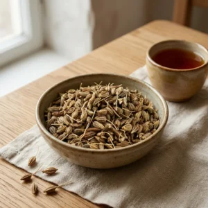 Whole Jordanian anise seeds presented in a handcrafted ceramic bowl beside a warm anise infusion in a traditional Levant hospitality setting.